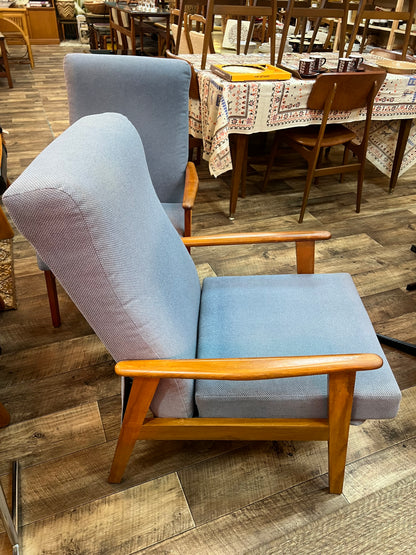 #1 Mid-Century Push-Back Reclining Armchair with Blue Upholstery