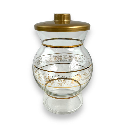 Gold decal glass jar with gold plastic lid