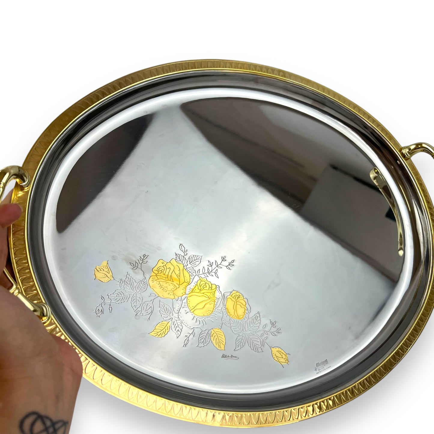 Chrome with gold trim large serving platter with rose design