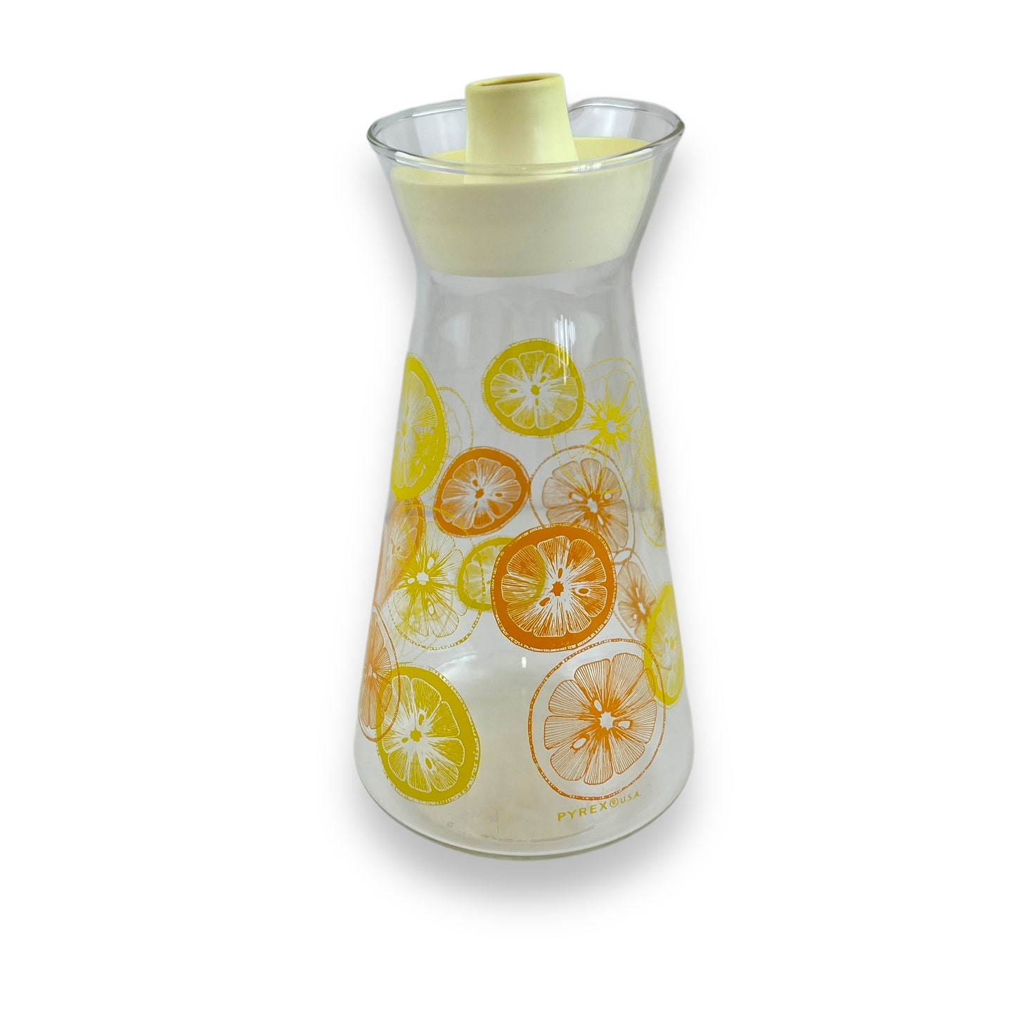Pyrex Glass Carafe – USA Made, Citrus Slice Print, Mid-Century Pitcher with Lid