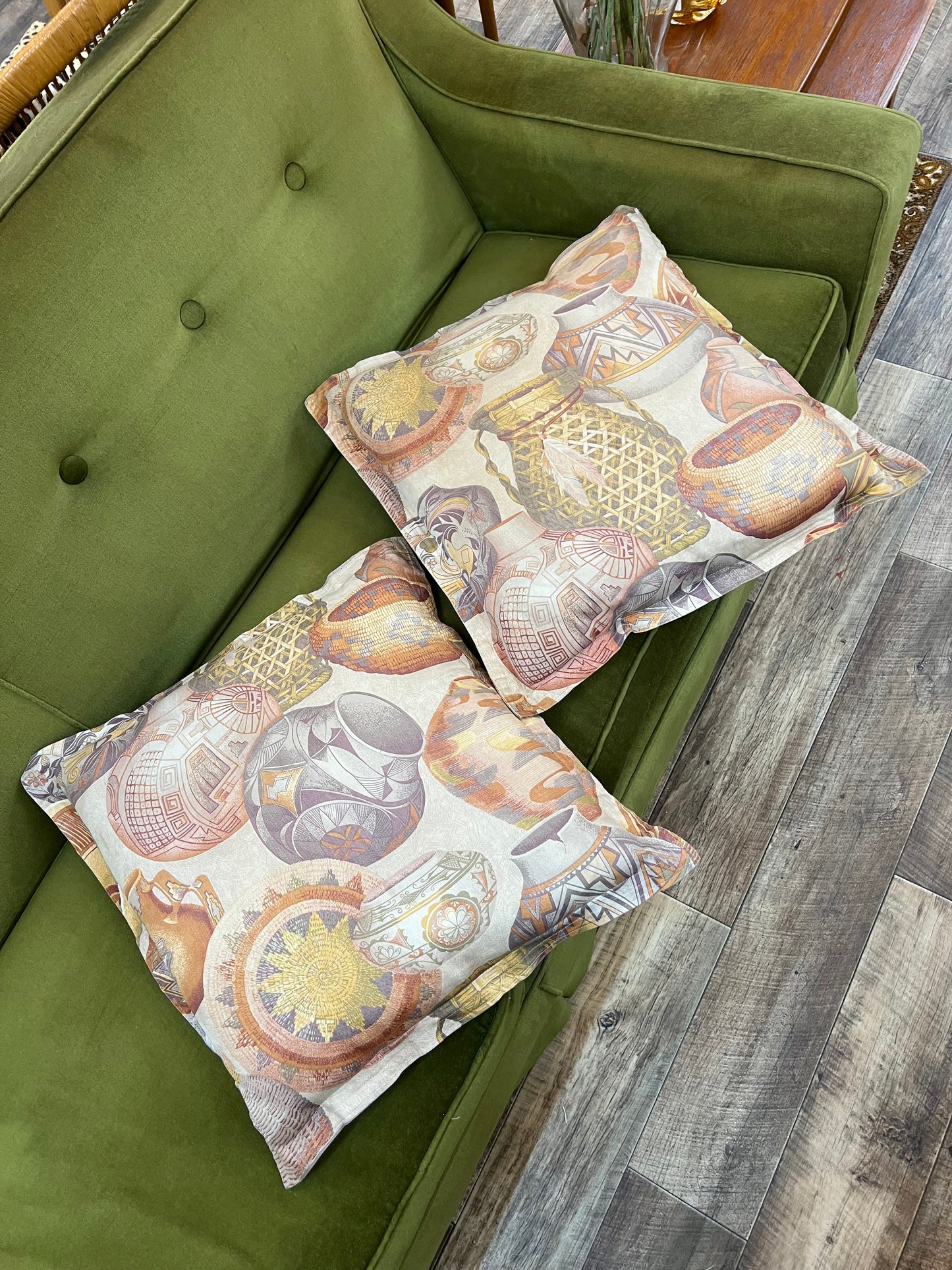 Pair of throw cushions vintage vase patterned fabric