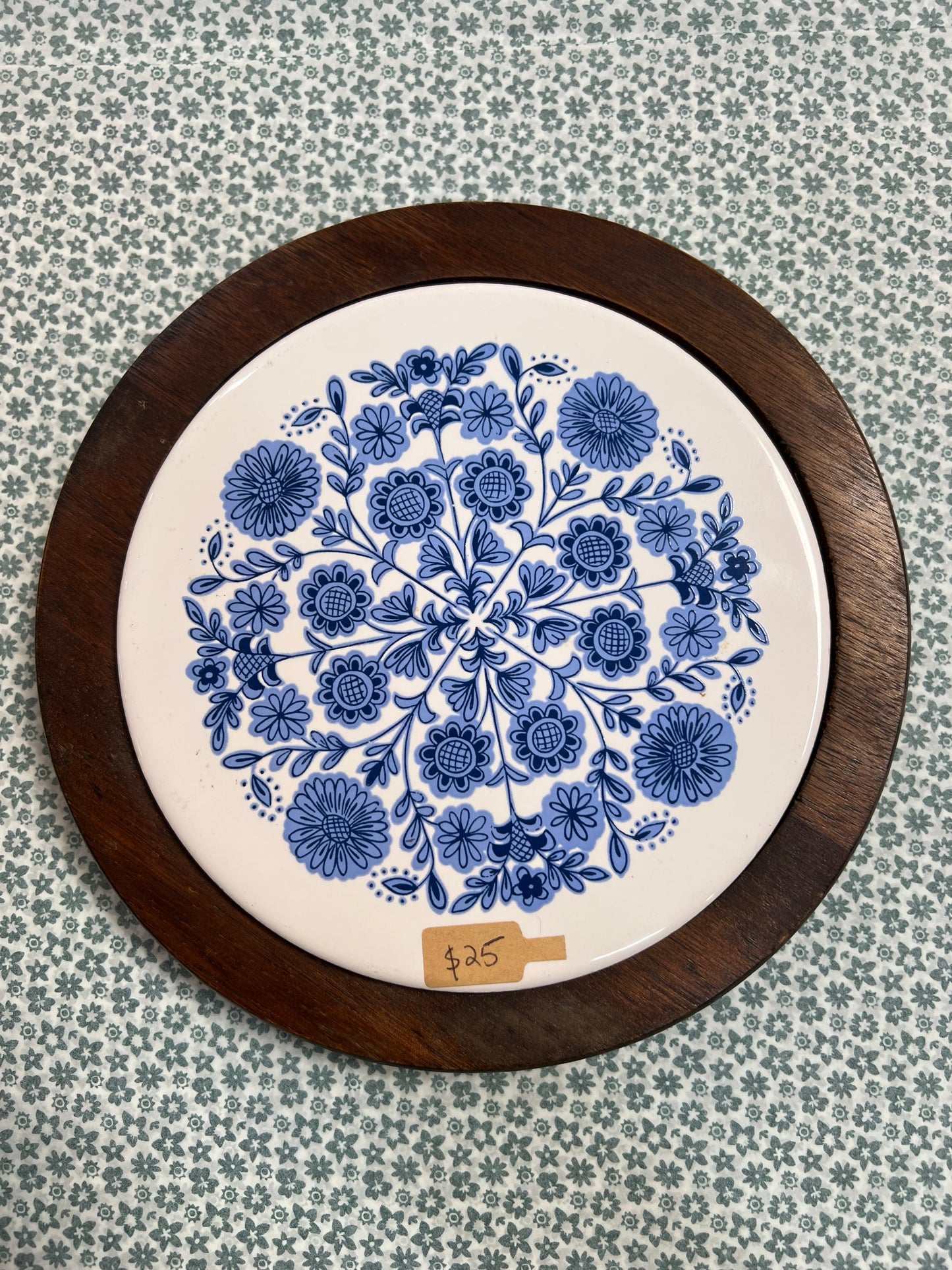 Blue Floral Ceramic Tile Trivet with Wood Frame – Mid Century Scandinavian Style