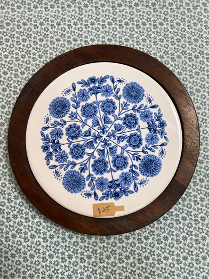 Blue Floral Ceramic Tile Trivet with Wood Frame – Mid Century Scandinavian Style