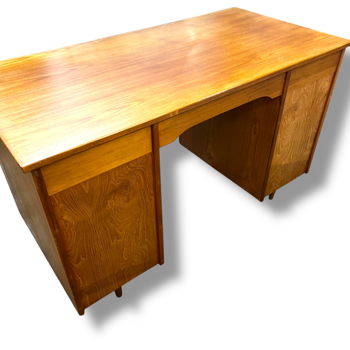 Mid-Century 8-Drawer Wooden Office Desk with Sculpted Handles