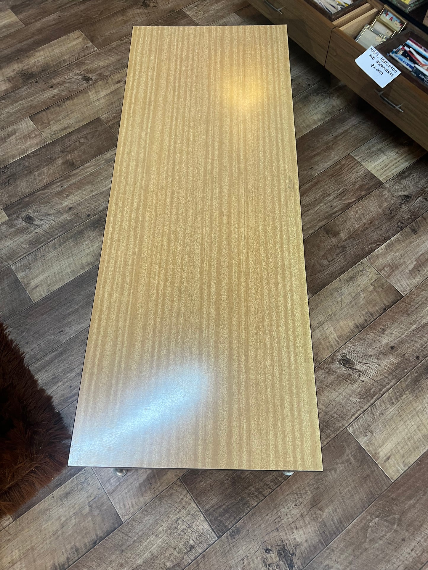 Mid Century Modern Blonde Veneer Coffee Table with Black Metal Legs
