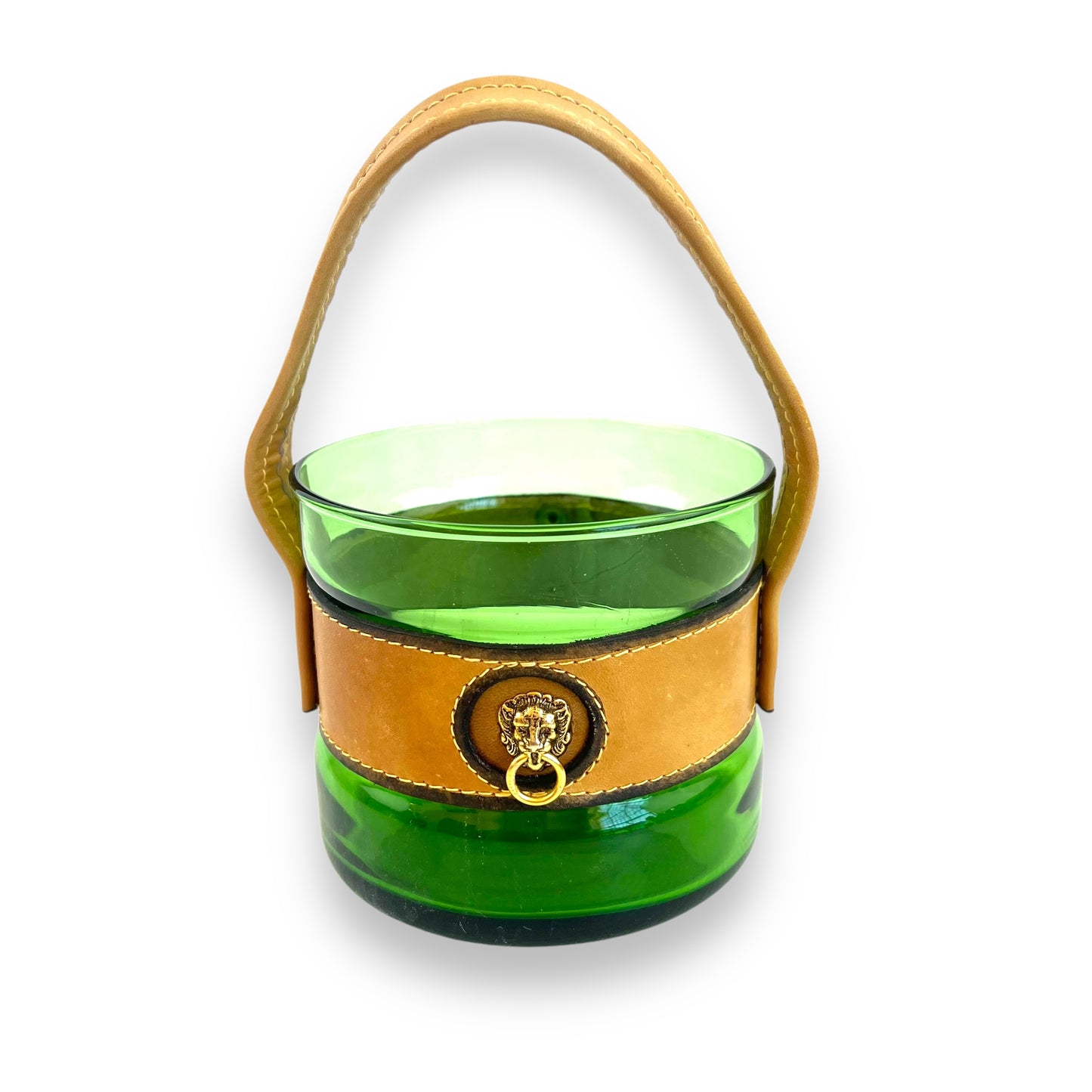 Green Glass Ice Bucket with Leather Lionhead Strap