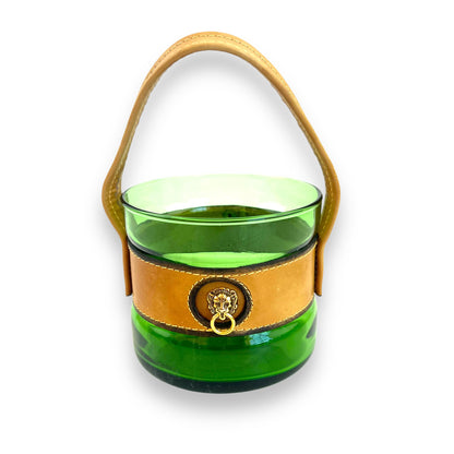 Green Glass Ice Bucket with Leather Lionhead Strap