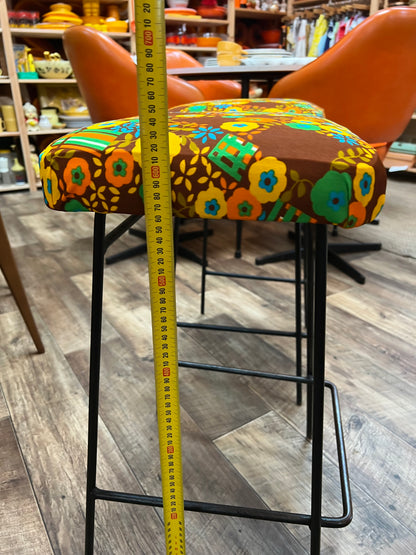 Retro flower pattern pair of stools black steel legs