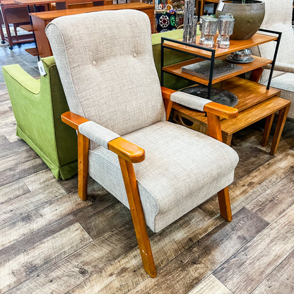 Mid-Century Armchair – Timber Frame with light grey and white woven Upholstery