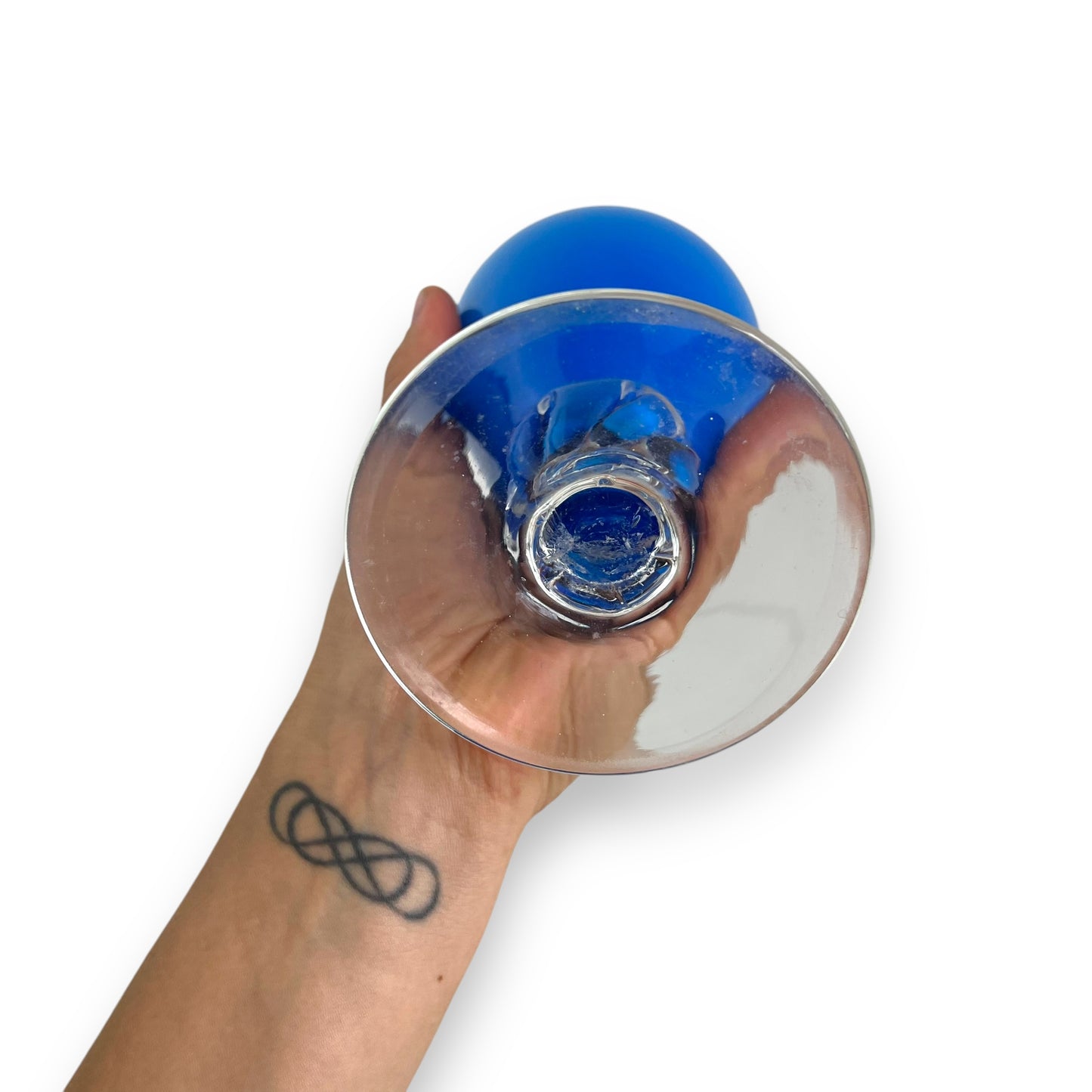 Italian Empoli Blue Cased Glass Pedestal Pitcher with Clear Twisted Handle