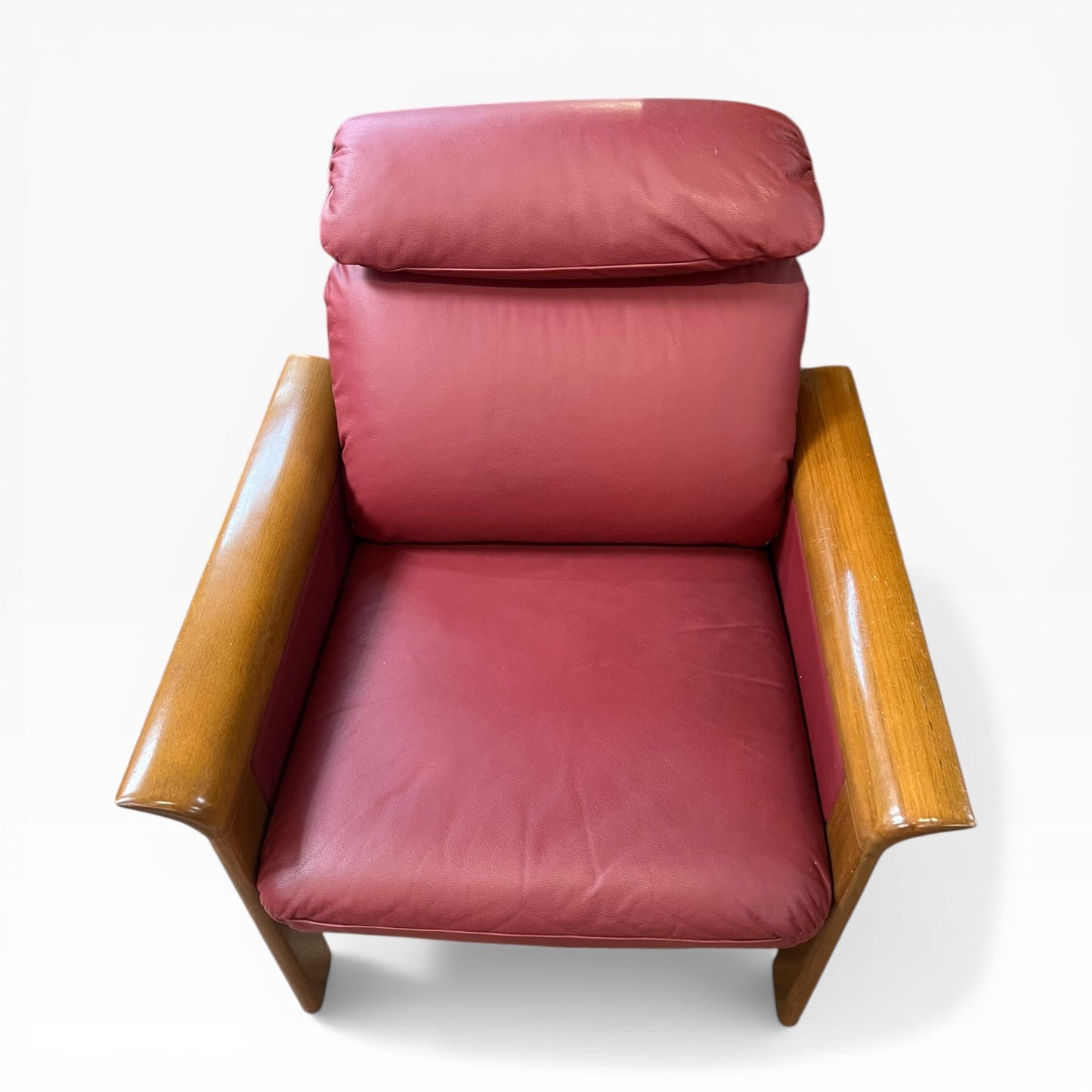 Timber Armchair with Sculpted Curved Armrests & Burgundy Leather Cushions