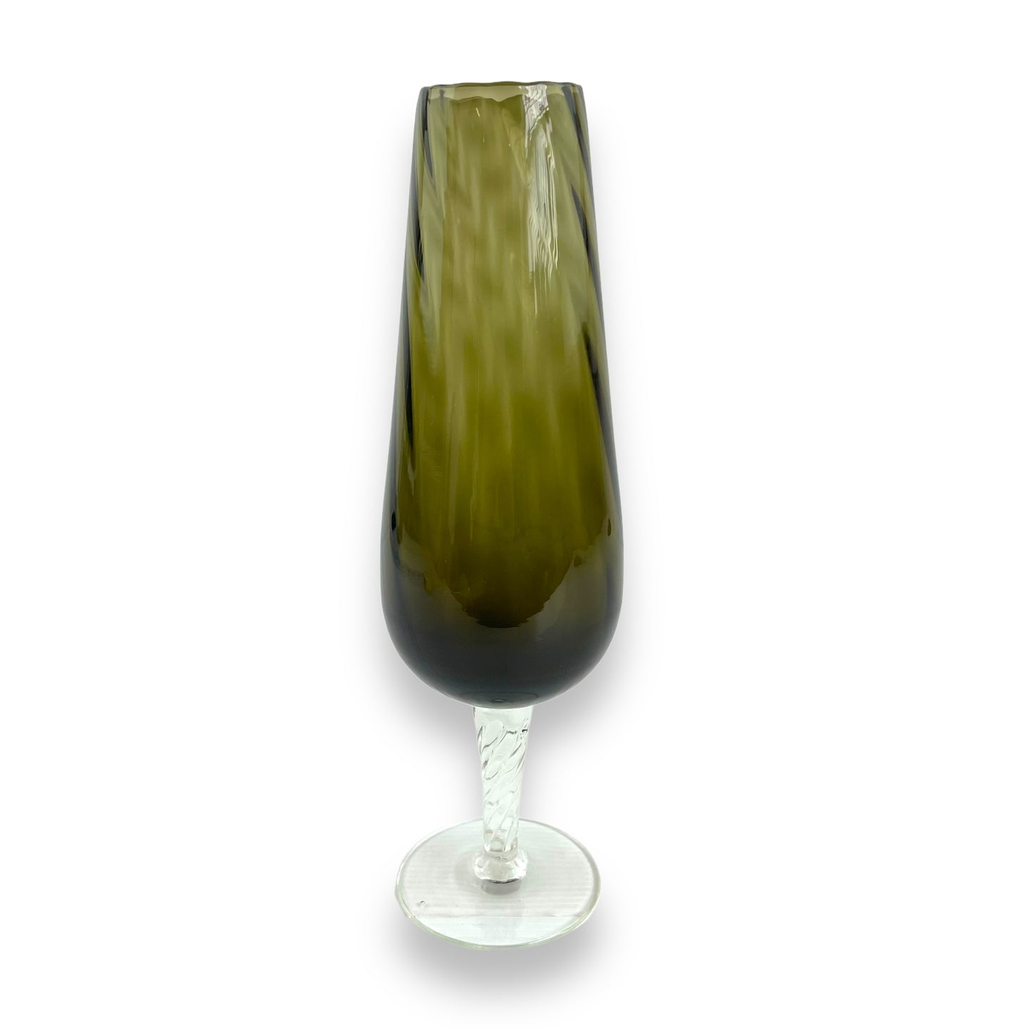 Olive green glass vase with clear glass twist stem