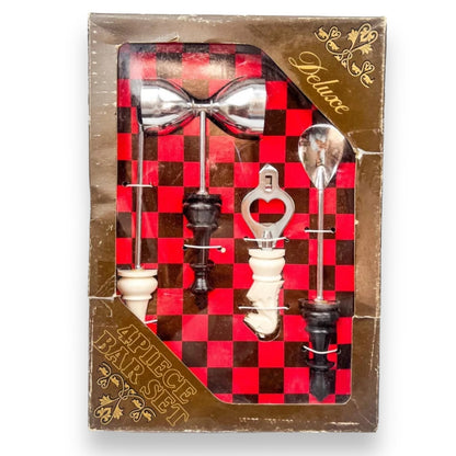 Vintage triple plated chrome 4 Piece Chess Theme Bar Utensil Box Set