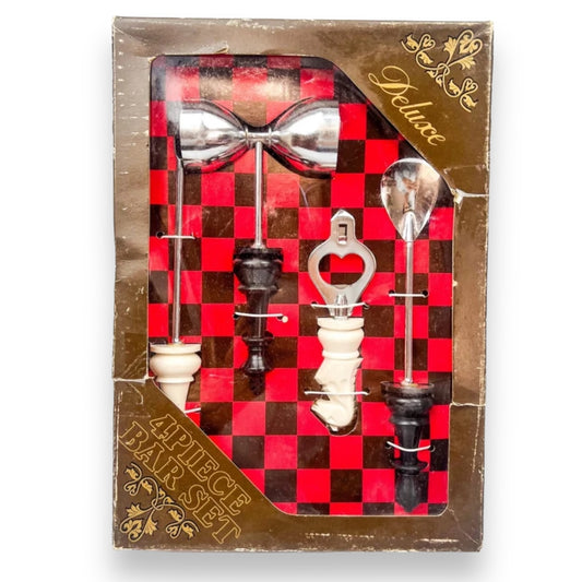 Vintage triple plated chrome 4 Piece Chess Theme Bar Utensil Box Set