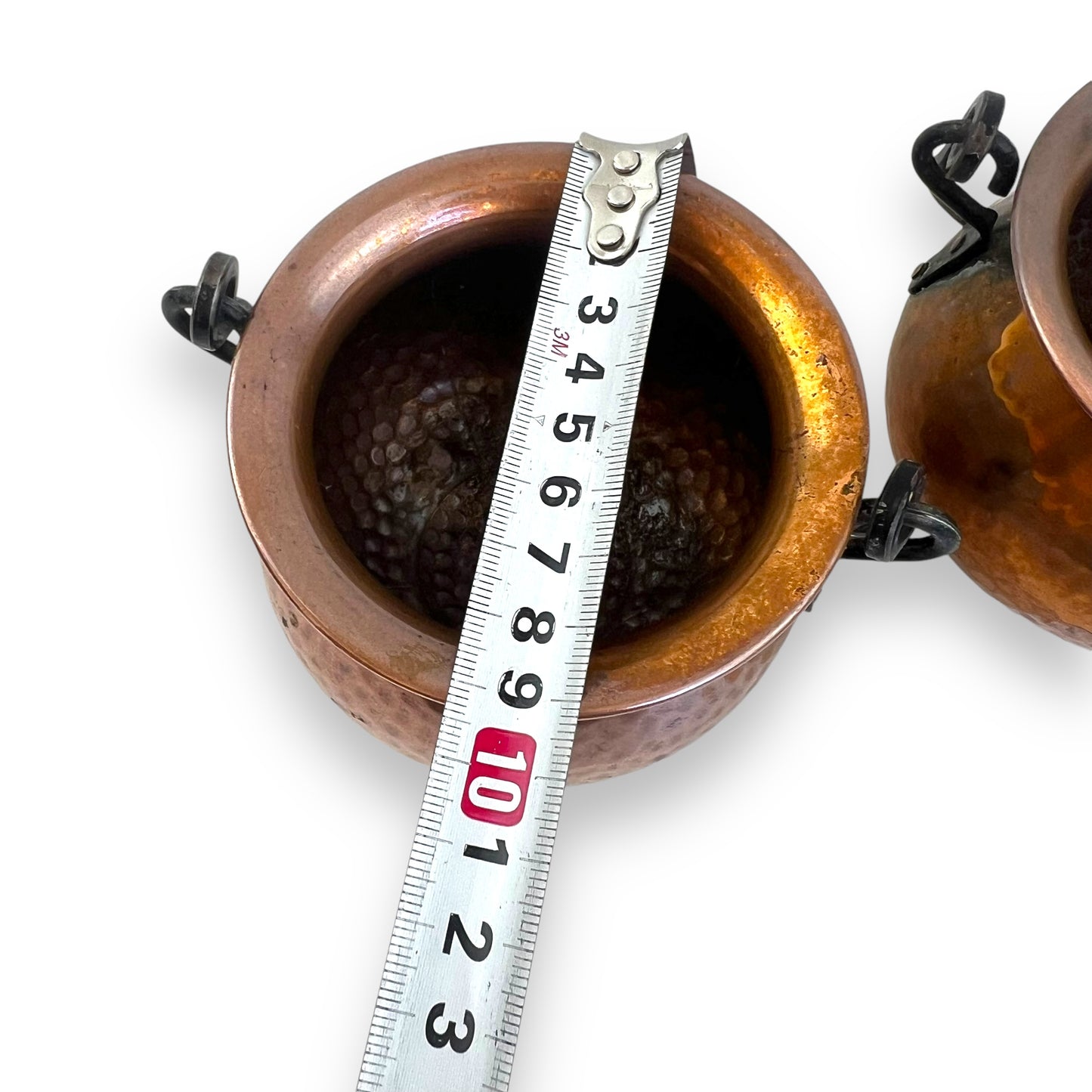 Hammered Copper Pair of Pots with Wrought Iron Handles