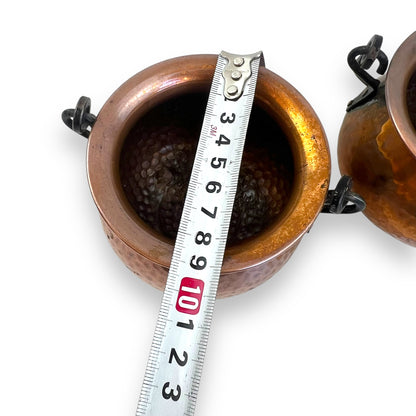 Hammered Copper Pair of Pots with Wrought Iron Handles