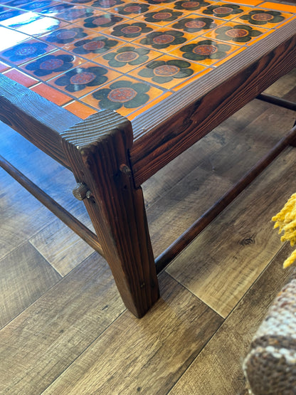 Retro Tile-Top Coffee Table – Orange & Brown Floral Ceramic Tiles