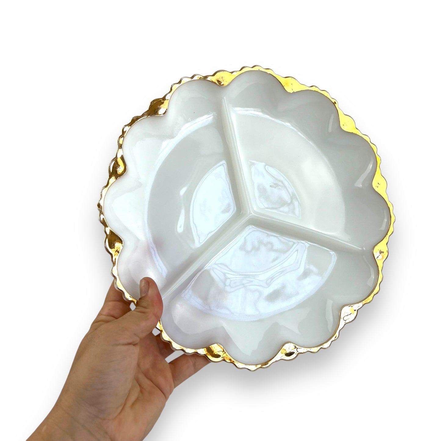 Milk Glass Divided Plate with Gold Trim - Scalloped Edge