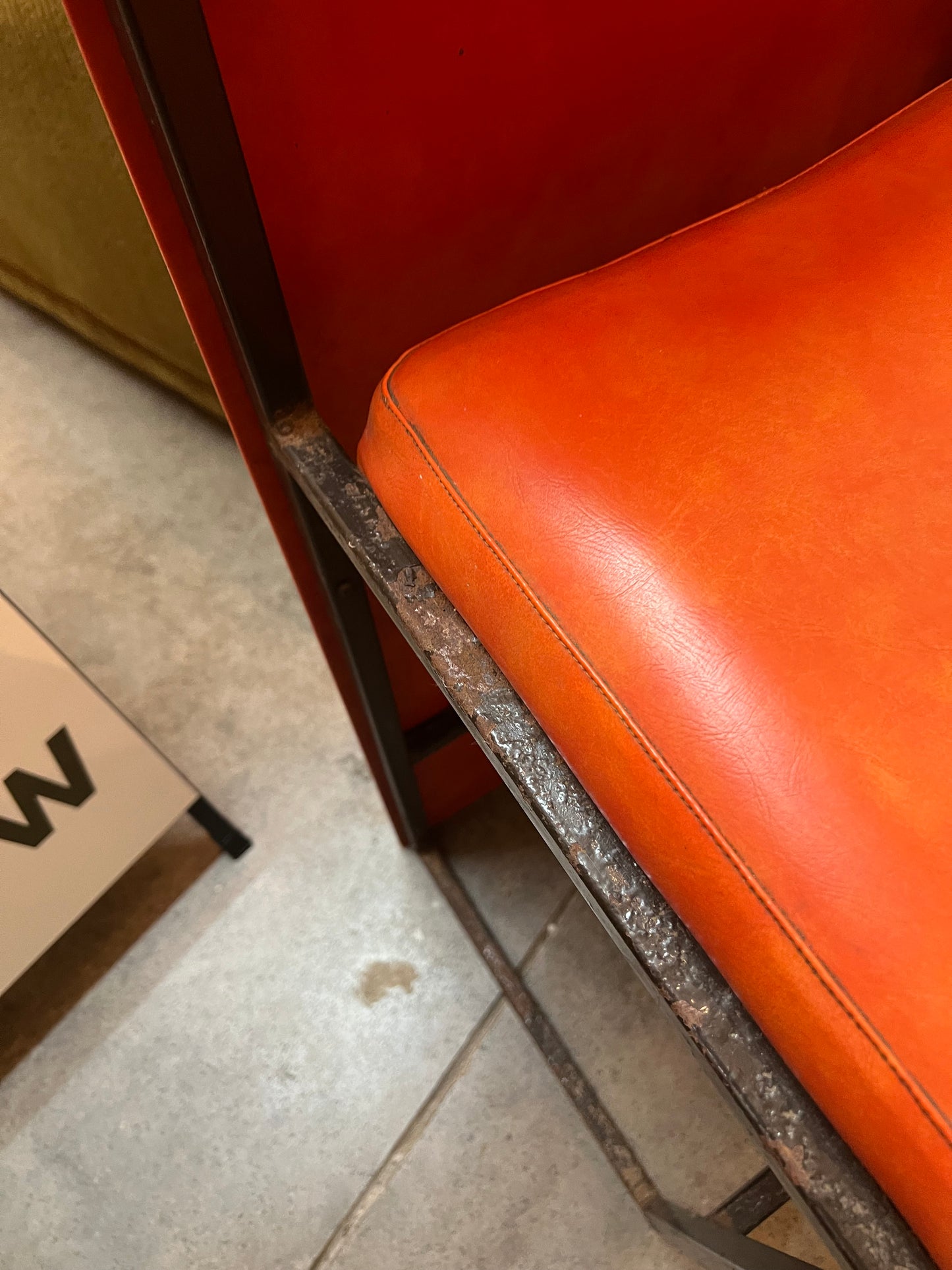 Pair of Vintage Orange Vinyl Bar Stools with Decorative Timber Backs