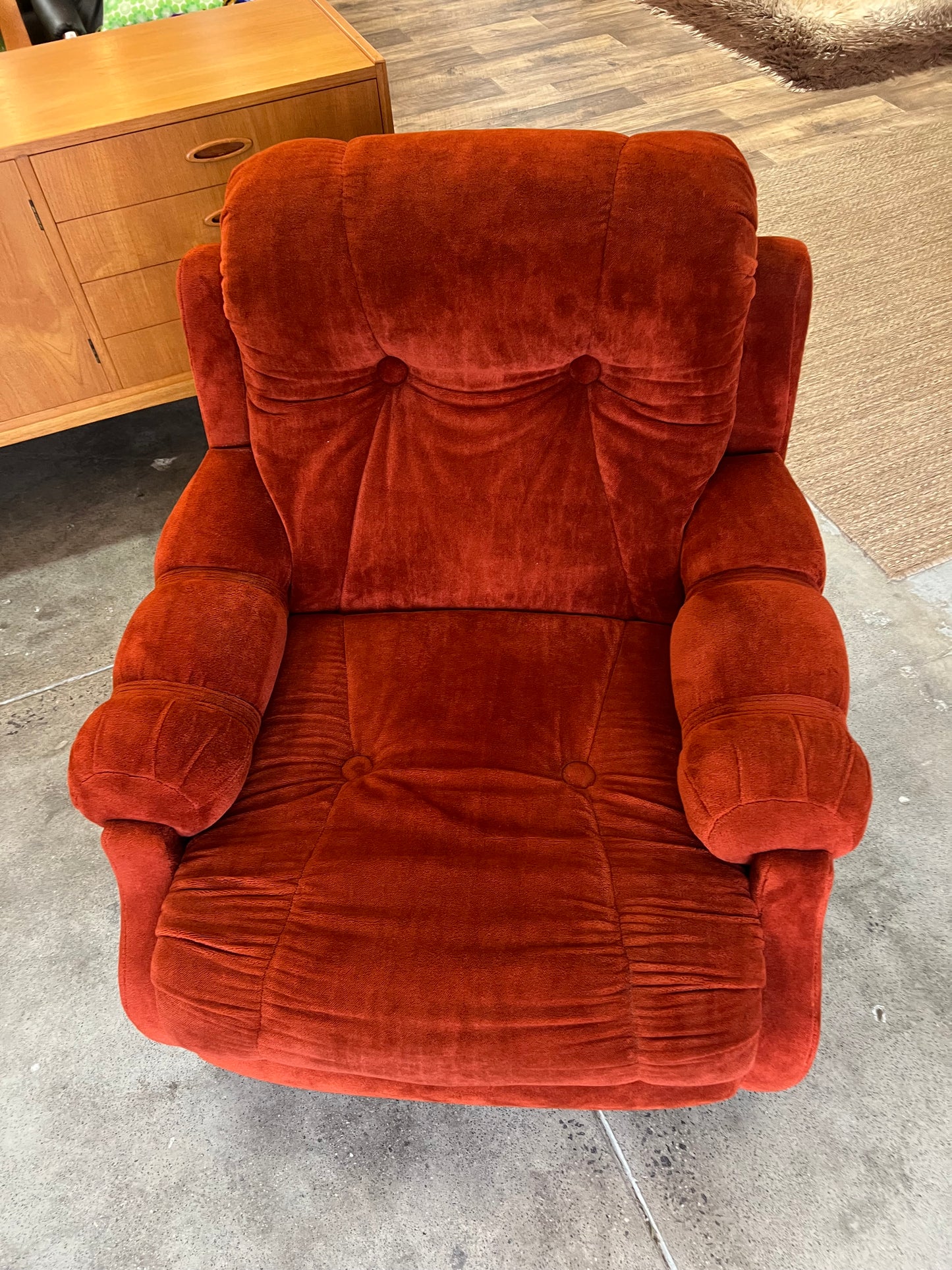 Rust Red Velvet Lounge Chair – Retro Plush Armchair, 1970s