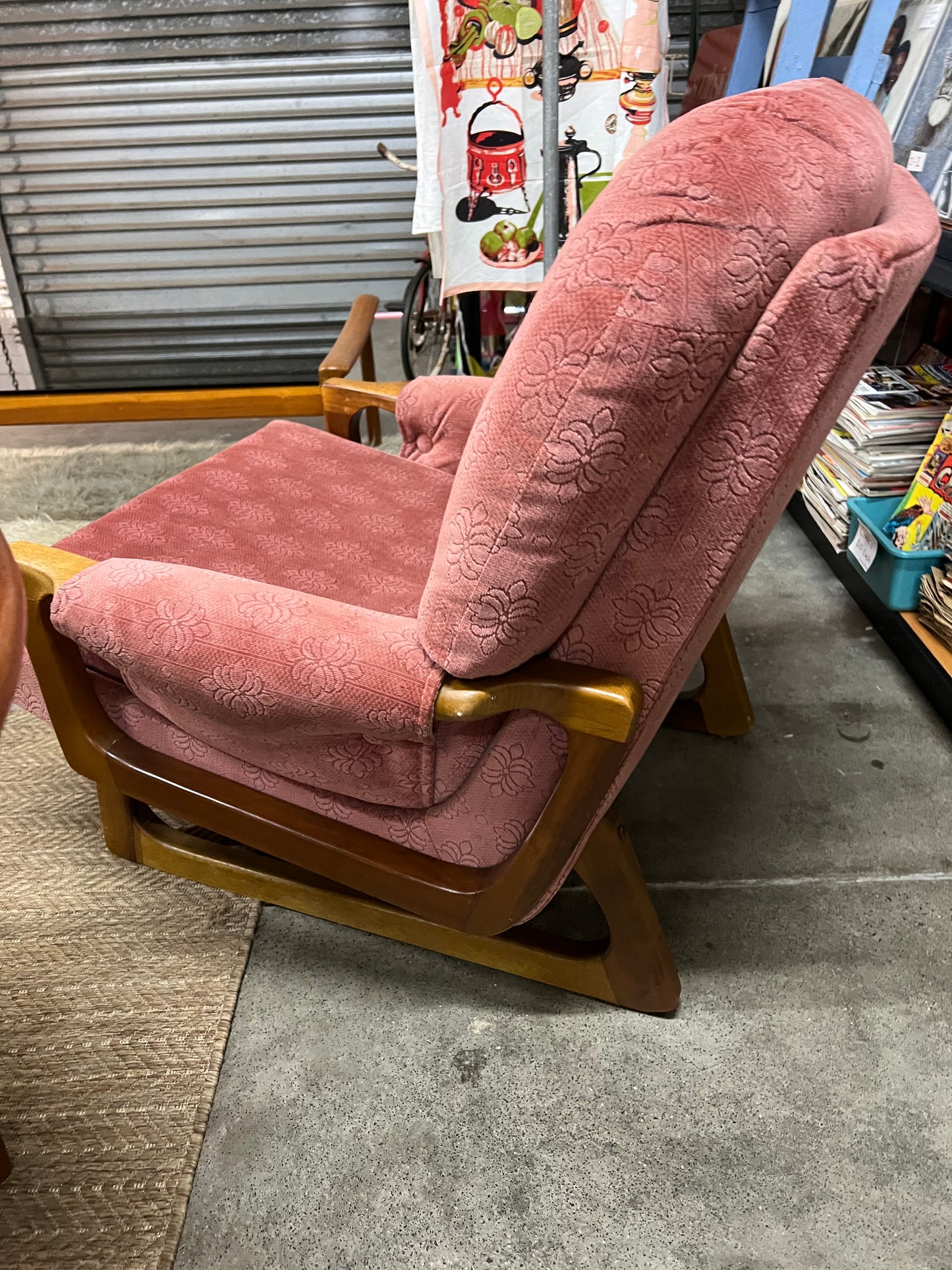 1. Pink Patterned Upholstery Sleigh Base Armchair