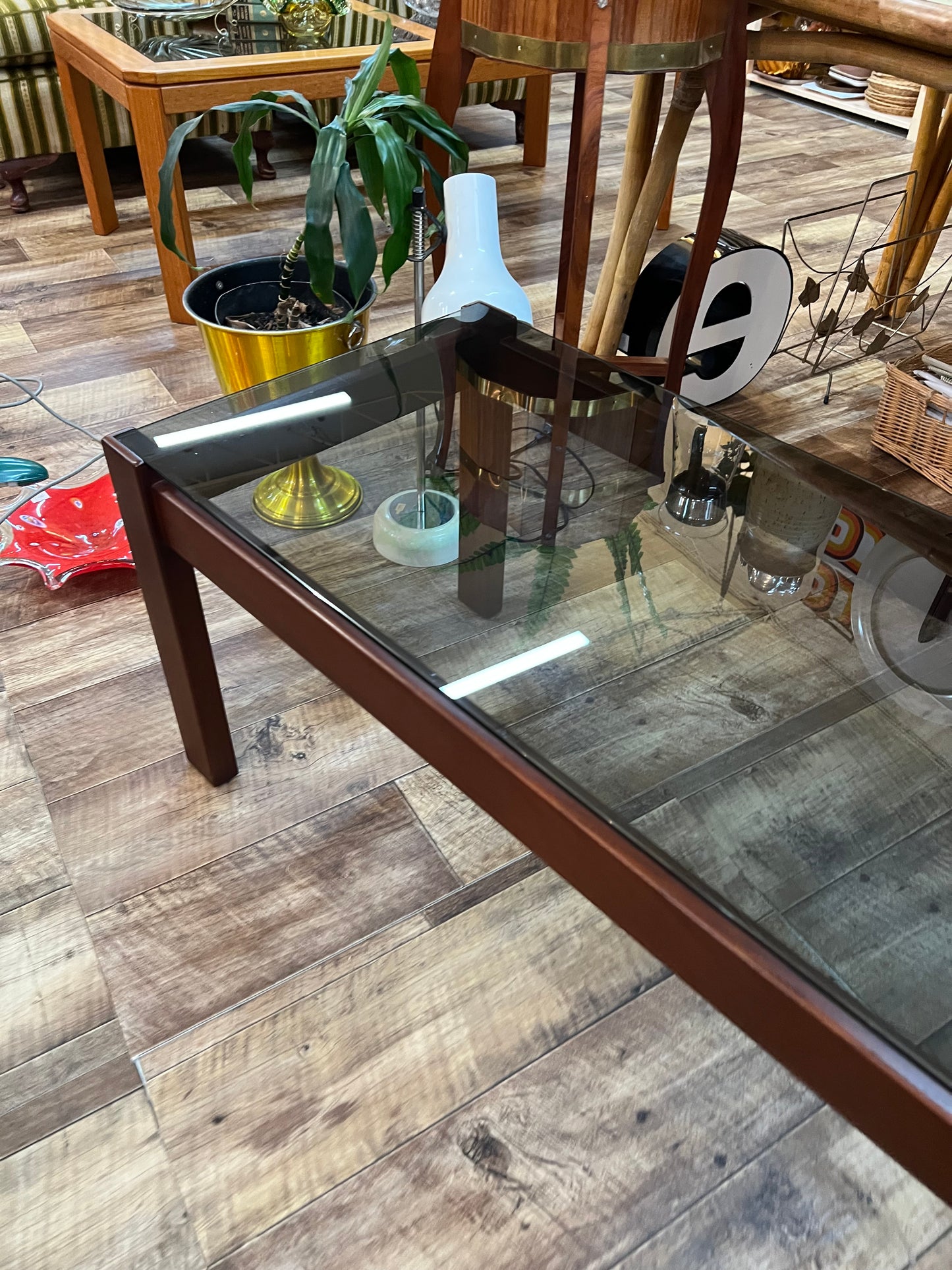 Mid-Century Modern Rectangle Smoked Glass Coffee Table with Rich Walnut-Toned Timber Frame