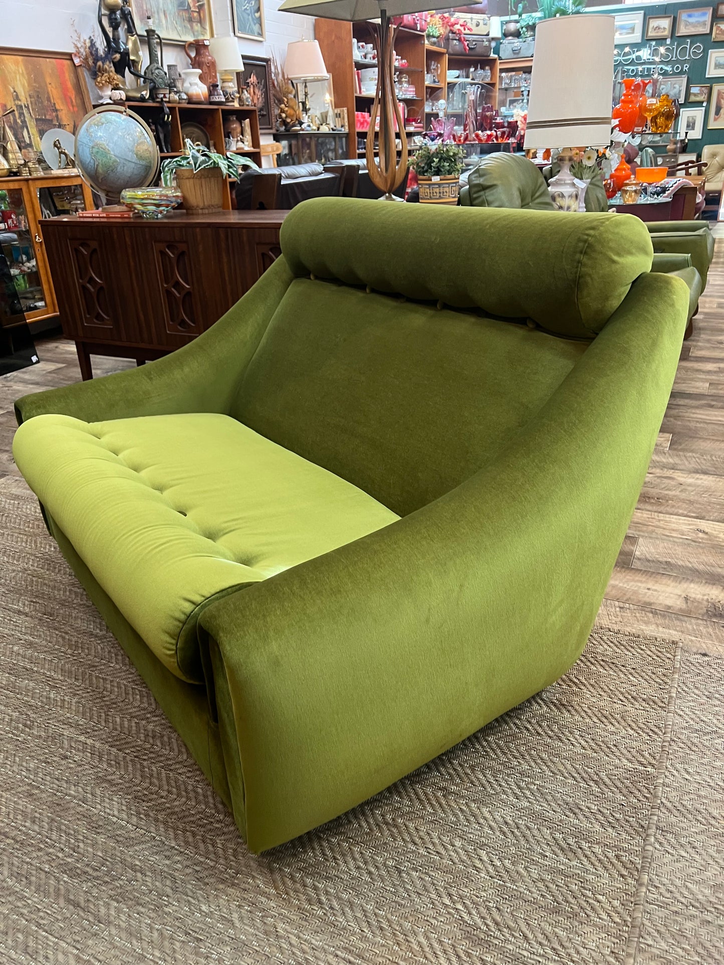 Dana Furniture 2 Seater Lounge | Olive Green Velour | Mid Century Modern Sofa