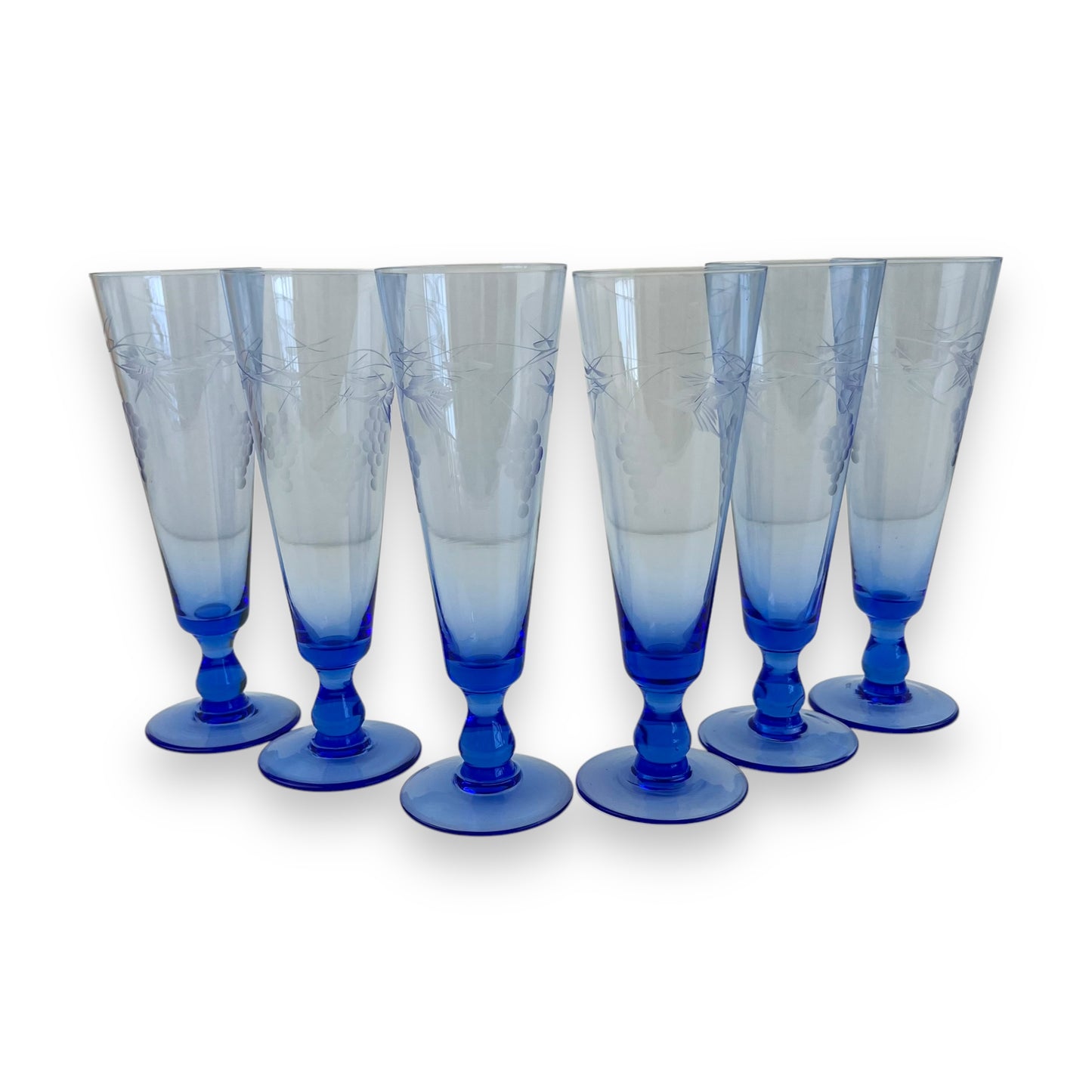 Blue grape etched cocktail flute glass set of 6