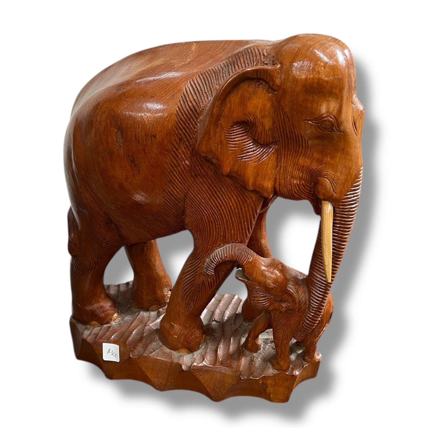 Large Hand-Carved Wooden Elephant and Calf Sculpture