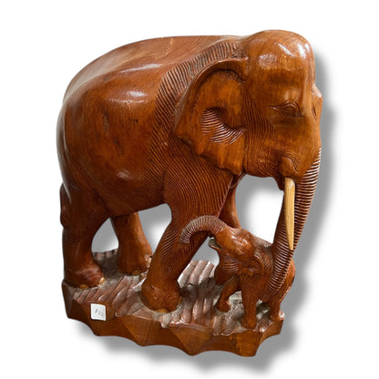 Large Hand-Carved Wooden Elephant and Calf Sculpture