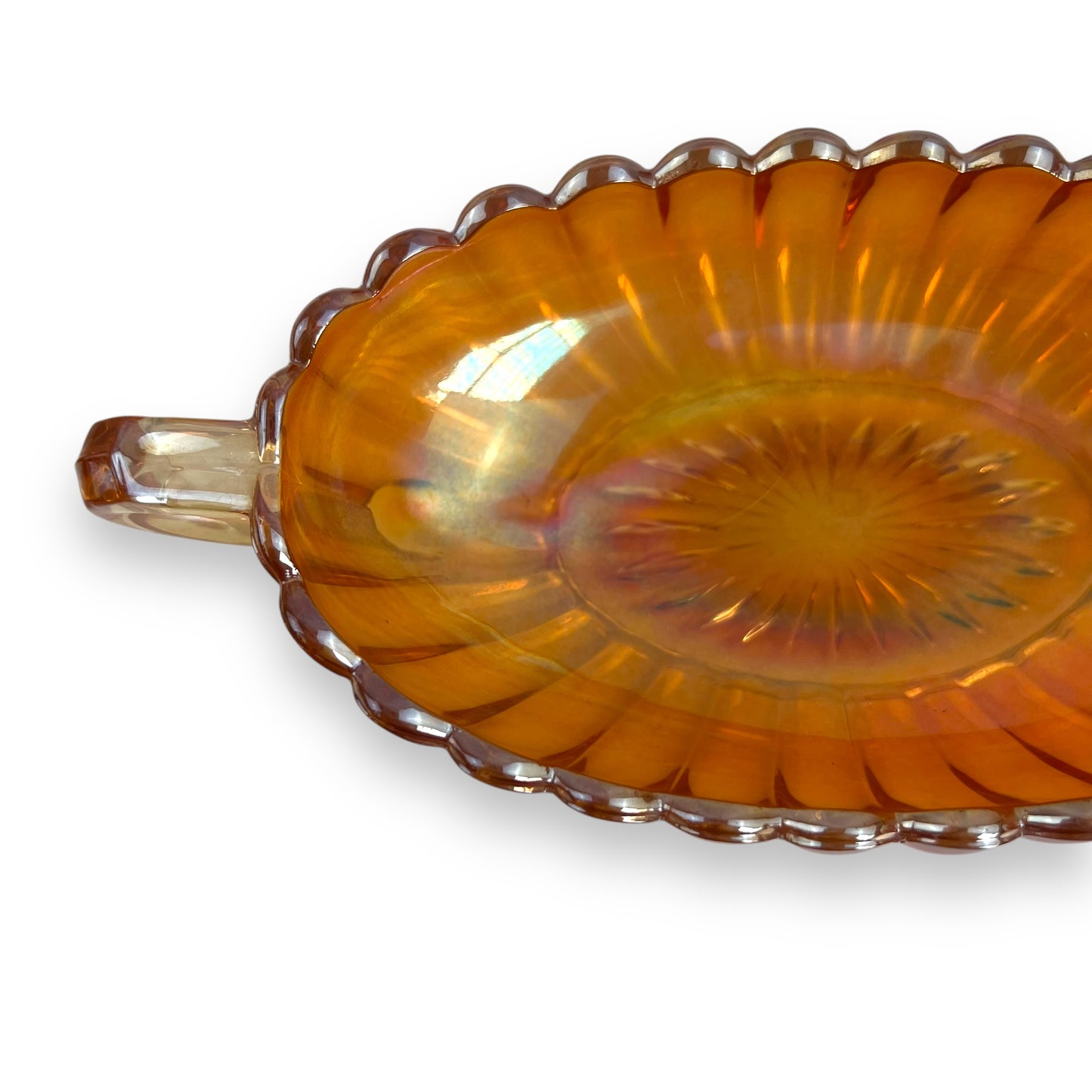 Carnival Glass, twin-handled oval dish in the "Marigold" color