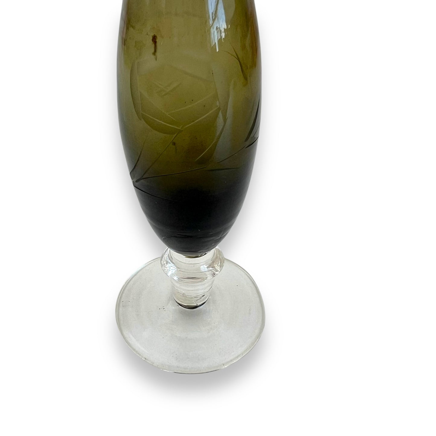 Smoked Glass Bud Vase – Handblown Olive Green Etched Glass Vase with Clear Stem