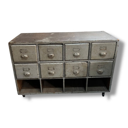 Vintage Industrial 8-Drawer Timber Storage Unit with Bottom Cubbies