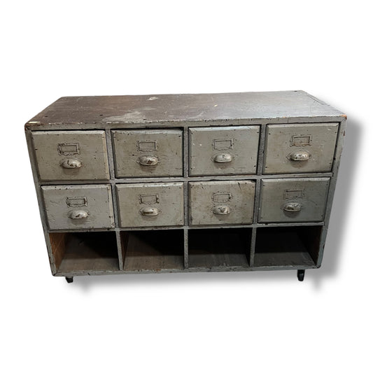 Vintage Industrial 8-Drawer Timber Storage Unit with Bottom Cubbies