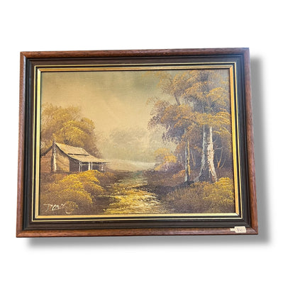 Rustic Cabin in Autumn Landscape – Vintage Framed Oil Painting Reproduction