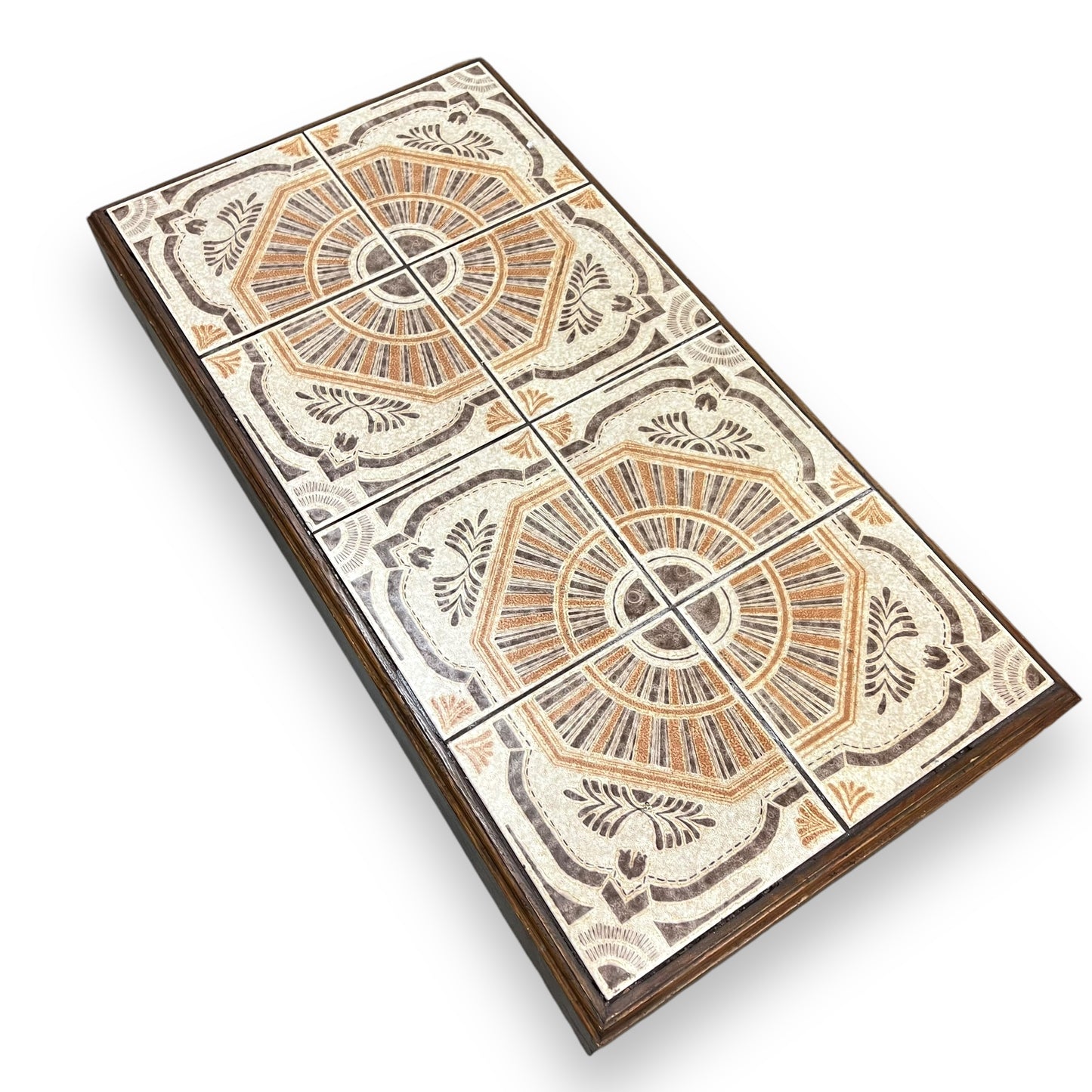 Large tile coffee table orange and brown retro pattern tiles wooden frame