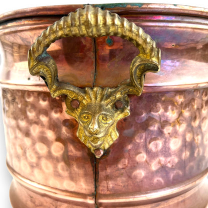 Large Vintage Hammered Copper Pot with Brass Lion head Handles
