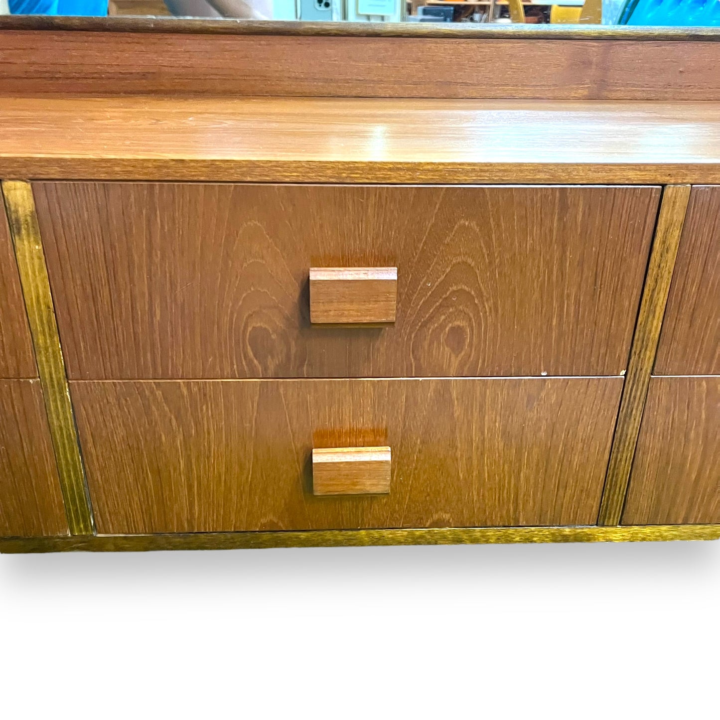 Mid Century Teak Veneer Dressing Table with Large Mirror and 6 Drawers