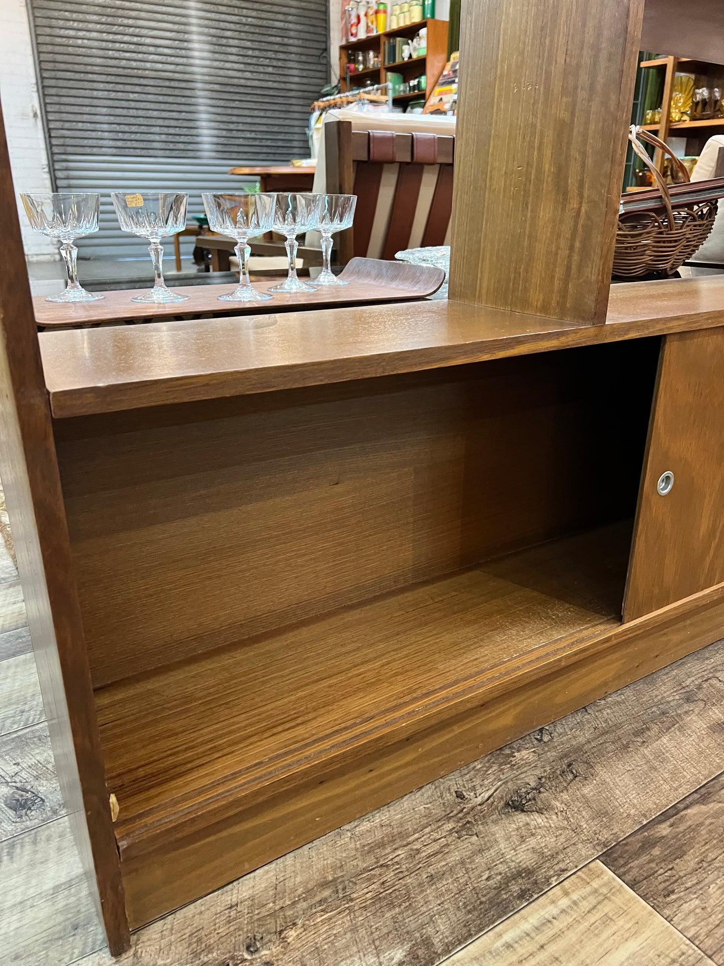 Mid-Century Modern Room Divider Bookcase with Sliding Door Storage