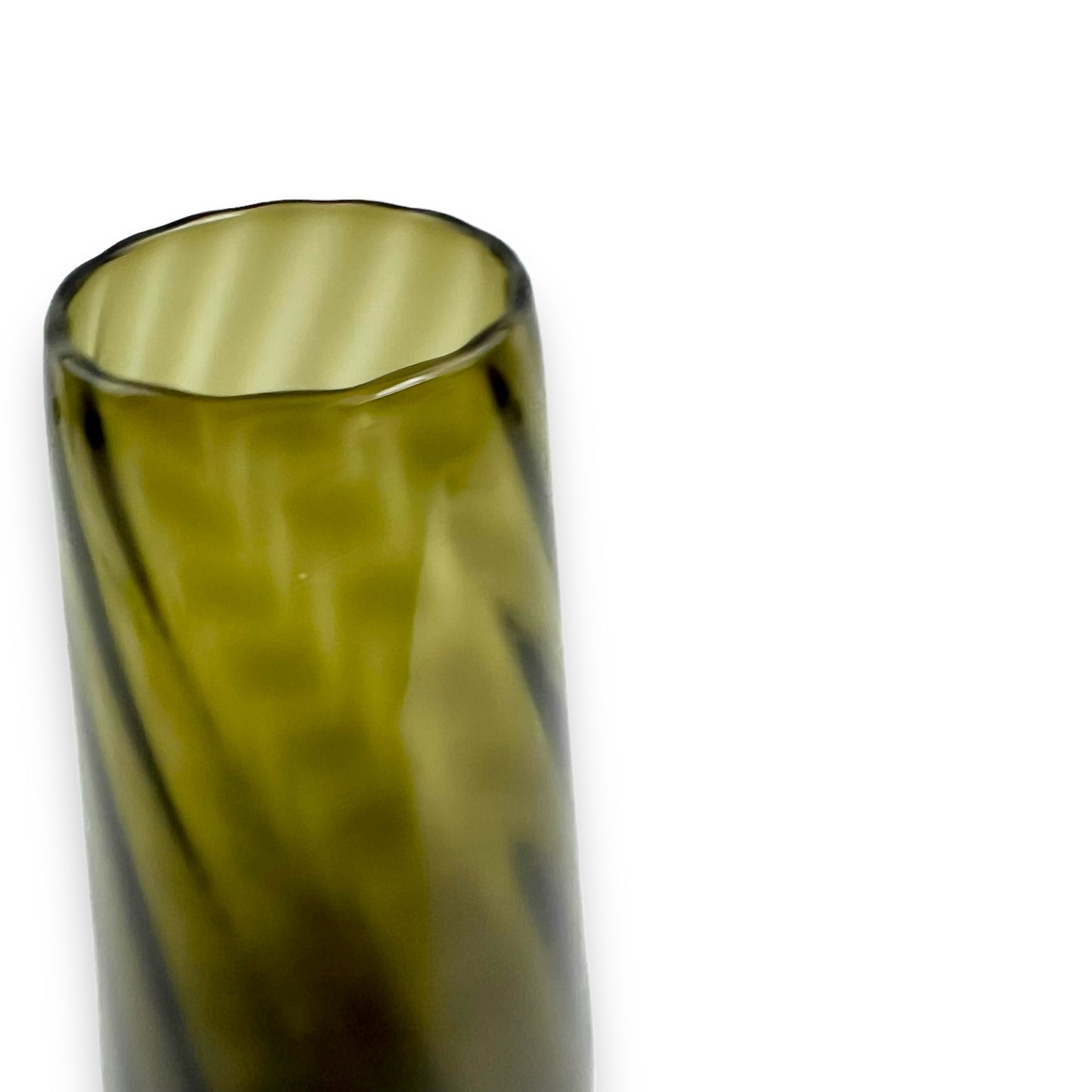 Olive green glass vase with clear glass twist stem