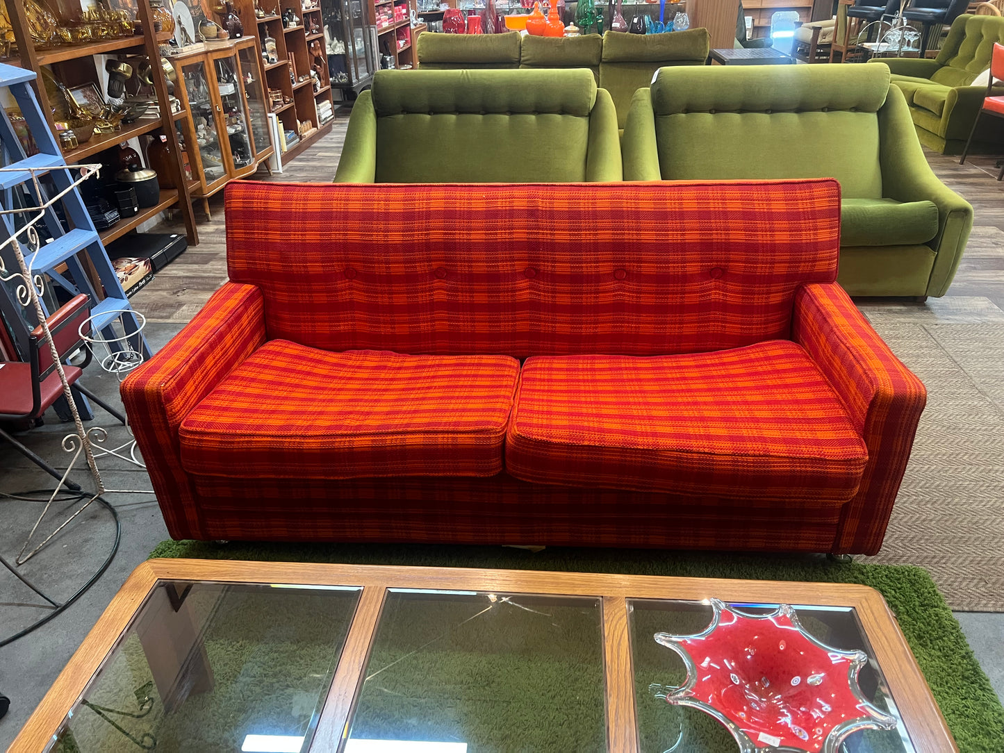 1970s Simmons Hide-A-Bed Sofa in Original Orange Plaid Upholstery