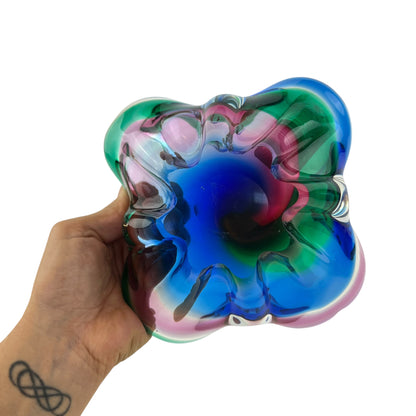 Green,pink & blue art glass dish