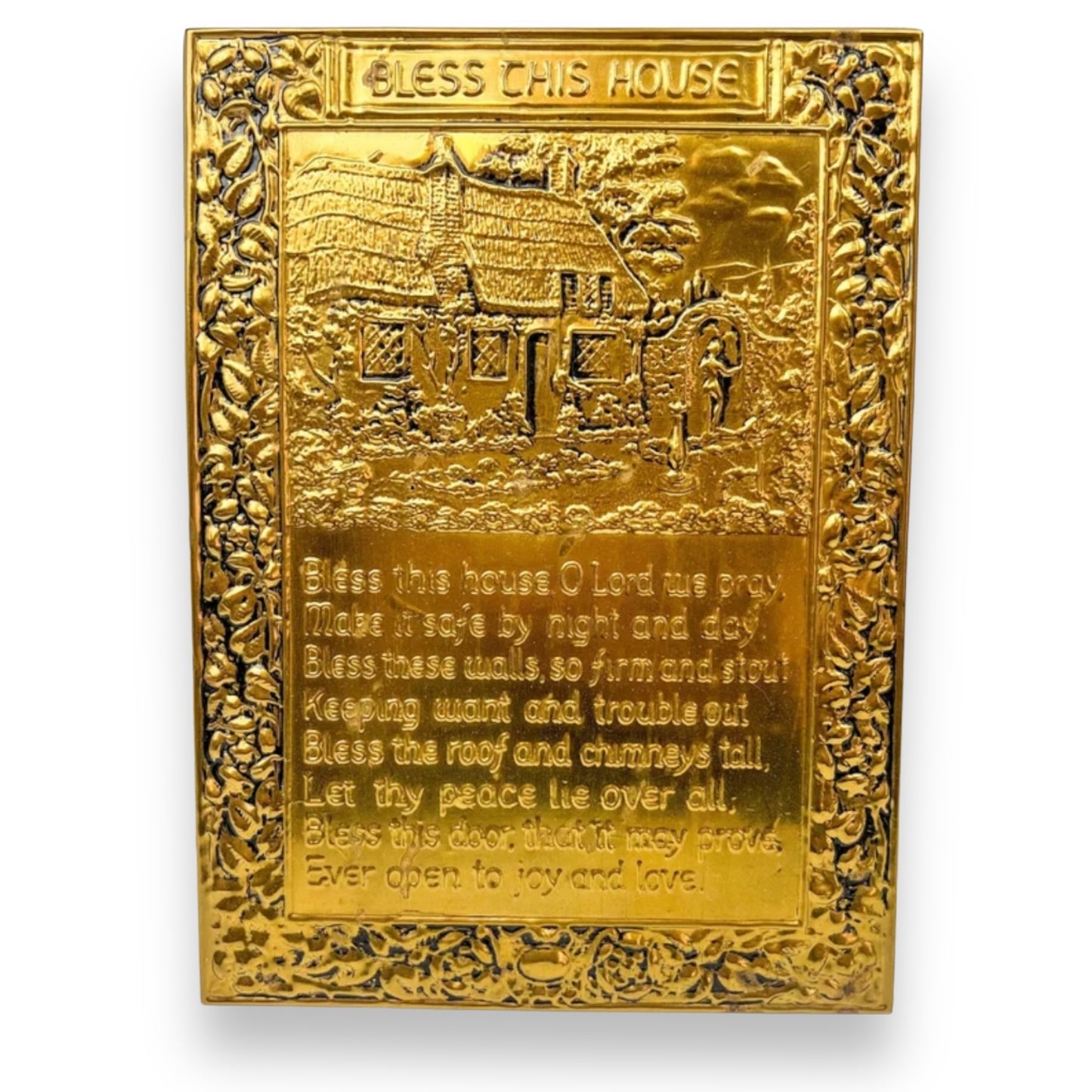 Pressed brass metal “Bless this House” hanging sign