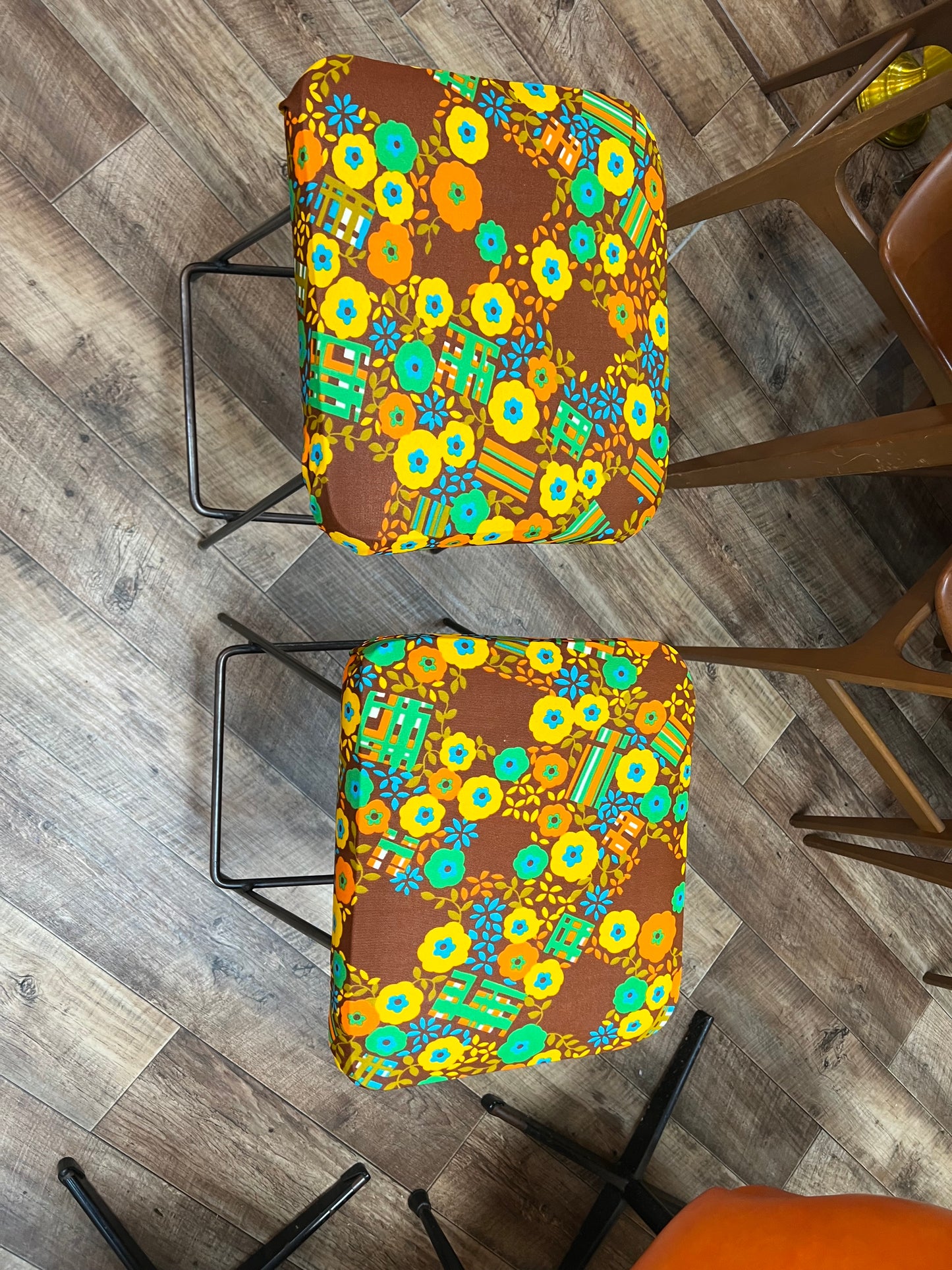 Retro flower pattern pair of stools black steel legs