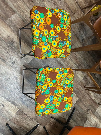 Retro flower pattern pair of stools black steel legs