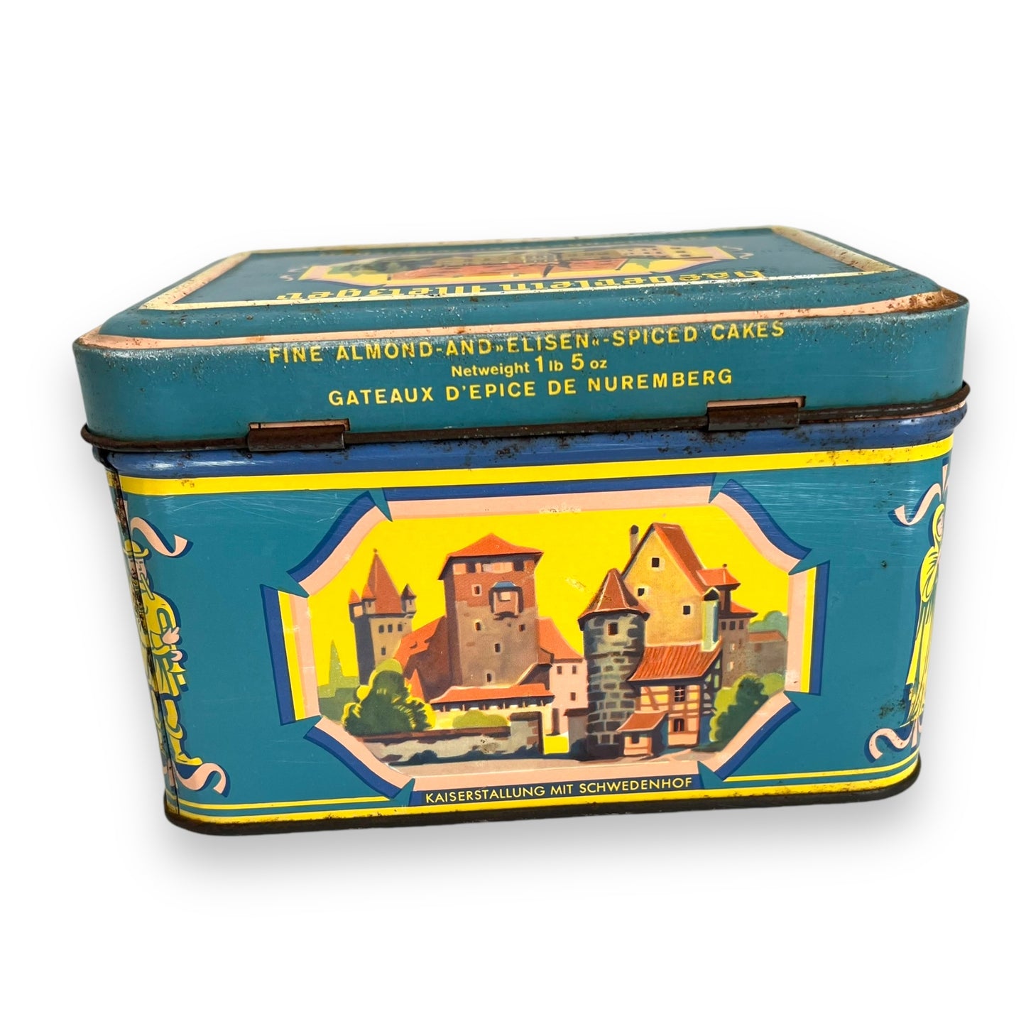 Vintage tin can Haeberlein Butcher Nuremberg gingerbread turquoise