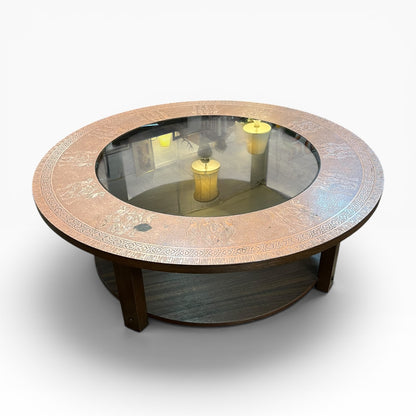 Pressed Copper & Glass Round Coffee Table with Lower Timber Shelf