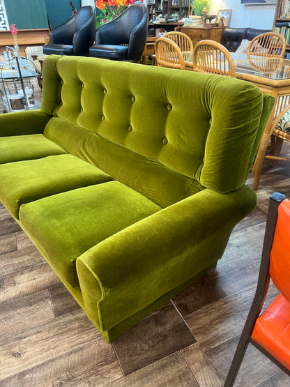 1970s Avocado Green Velvet Three Seater Lounge Sofa
