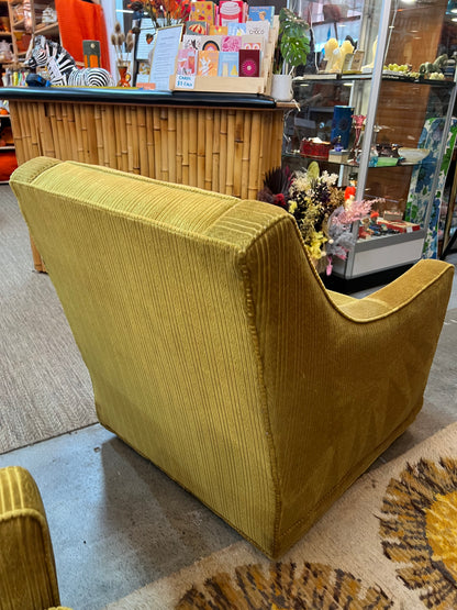 #1 Olive Green Armchair  with stripe patterned upholstery