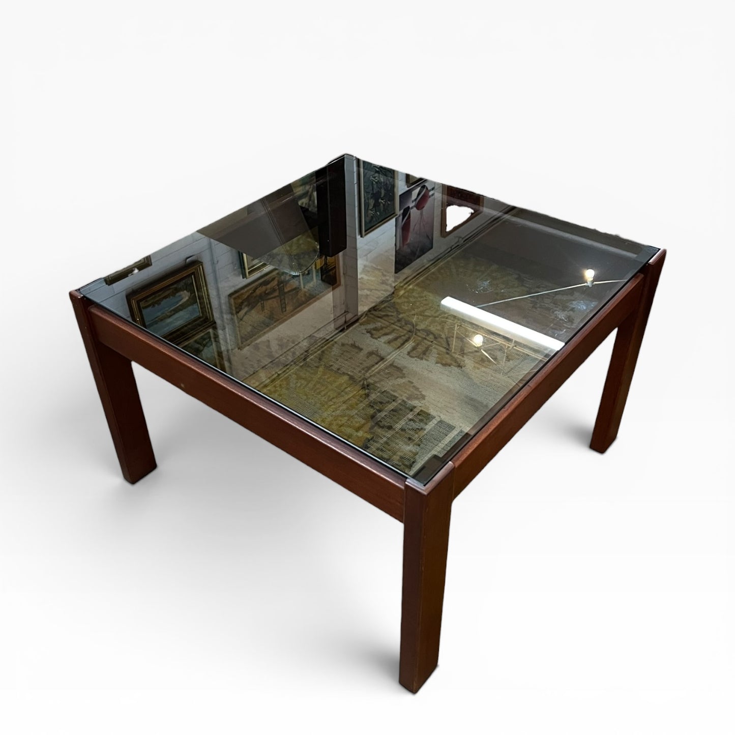 Mid-Century Modern Square Smoked Glass Coffee Table with Rich Reddish-Brown Timber Frame